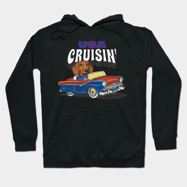 Funny and Cute Doxie Dachshund Dog driving a vintage auto cruising the USA Hoodie by Danny Gordon Art